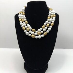 VTG Three Strand Statement Necklace Gold White Glass Bead Elegant Jewelry 8 in L